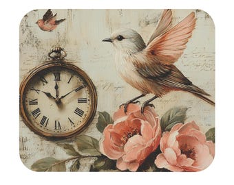Vintage Bird Clock Floral Mouse Pad | Rectangular Desk Mat
