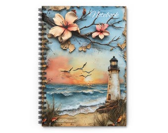 Lighthouse Spiral Notebook - Ruled Line, Seaside Journal, Coastal Notepad, Dogwood Flower Diary, Nautical Sketchbook