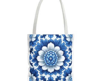 Blue Floral Polyester Tote Bag: Stylish Reusable Shopping Bag