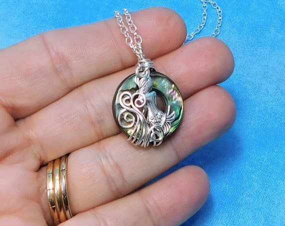 Artistic Mermaid Necklace, Unique Artisan Crafted Under the Sea Beach Theme Pendant, Silver Wire Wrapped Handmade Wearable Art Jewelry Gift