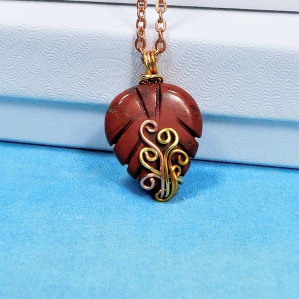 Red Jasper Leaf Pendant, Wire Wrapped Gemstone Jewelry, Artistic Stone Pendant Wearable Art 7th Anniversary Gift or Birthday Present for Her