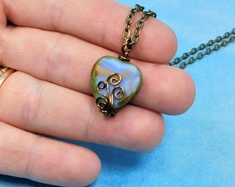 Rustic Copper Wire Wrapped Heart Necklace, Small Blue Heart Pendant, Jewelry Birthday Present or 7th Anniversary Gift for Wife or Girlfriend