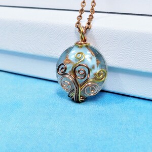 Copper Wire Wrapped Blue Glass Necklace, Artisan Crafted Wearable Art Jewelry Present Ideas for 7th Anniversary, Artistic Pendant Wife Gift