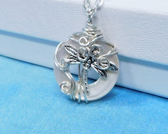 Wire Wrapped Dragonfly Necklace, Artistic Wearable Art Memorial Jewelry, Artisan Crafted Bereavement Pendant Present, Handmade Sympathy Gift
