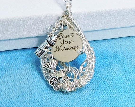 Grandma Necklace Gift for Mom, Count Your Blessings, Baby Announcement Jewelry, Wire Wrapped Mother in Law Gift Pendant for Pregnancy Reveal
