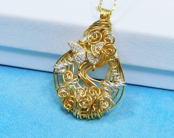 Cubic Zirconia and Gold Copper Wire Wrapped Butterfly Pendant, Artistic Woven Butterfly Necklace, Wearable Art Butterfly Theme Jewelry