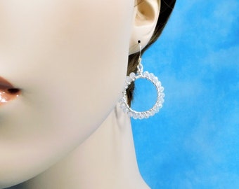 White Crystal Hoop Earrings, Unique Wire Wrapped Artistic Hoop Earrings for Pierced Ears, Unique Jewelry for Wife, Mom, or Best Friend Gift