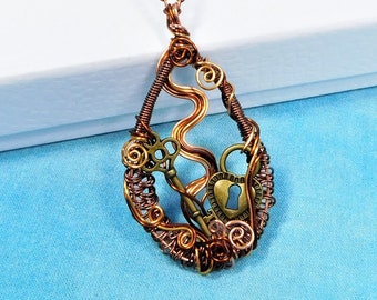 Artistic Rustic Skeleton Key Necklace, Unique Lock and Key Jewelry, Woven Copper Wire Wearable Art Pendant Anniversary Present for Wife