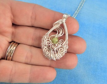 Peridot Pendant August Birthstone Necklace, Artistic Woven Wire Wrapped Wearable Art Jewelry Birthday Present or Anniversary Gift for Wife
