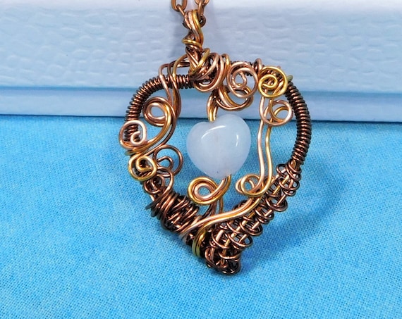 Artistic Wire Wrapped Aquamarine Pendant, Artisan Crafted Heart Birthstone Necklace, Handmade Gemstone Jewelry for March Birthday Present