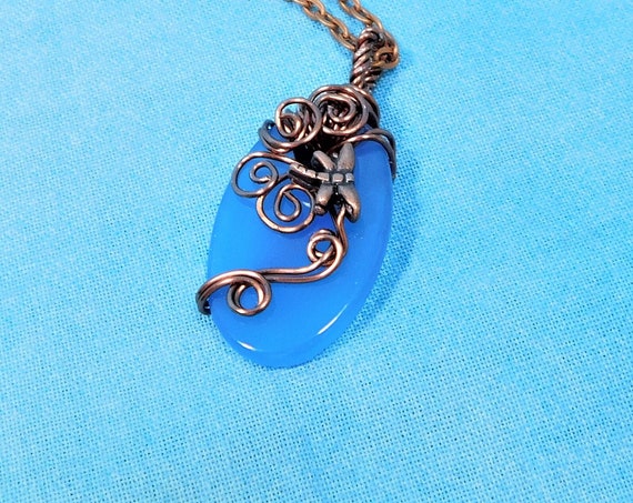 Copper Dragonfly Necklace, Wire Wrapped Blue Agate Pendant, Gemstone Wearable Art Memorial Jewelry Bereavement Present Sympathy Gift
