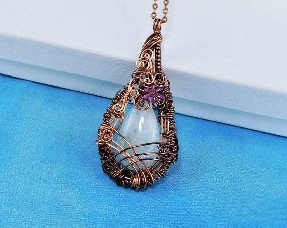 Unique Wire Wrapped Aquamarine Pendant, March Birthstone Necklace Birthday Gift, Artisan Crafted Artistic Gemstone Jewelry Present for Her
