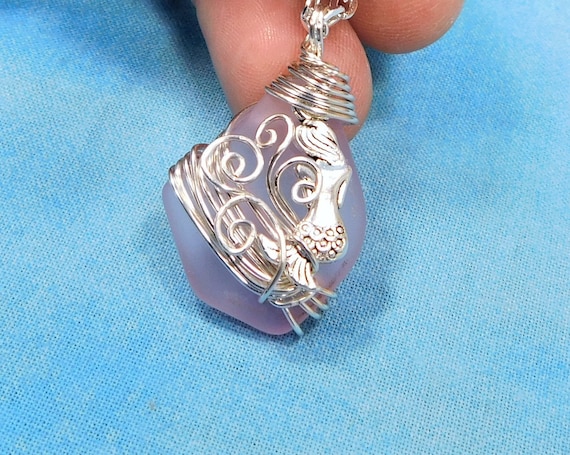 Artisan Crafted Pink Sea Glass Mermaid Necklace, Unique Wire Wrapped Wearable Art, Artistic Ocean Pendant Beach Theme Jewelry Present