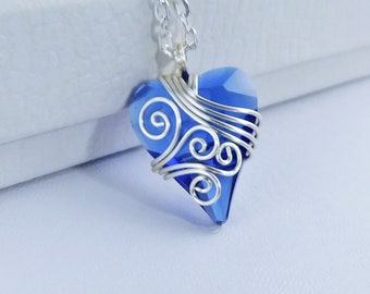 Blue Crystal Heart Pendant, Artistic Necklace for Birthday Present or Anniversary Gift for Wife, Jewelry for Valentine's Day Gift