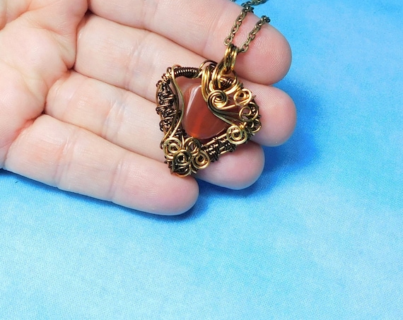 Unique Woven Wire Wrapped Carnelian Heart Necklace, Artistic Handmade Gemstone Pendant, Wearable Art Carnelian Jewelry Present for Women