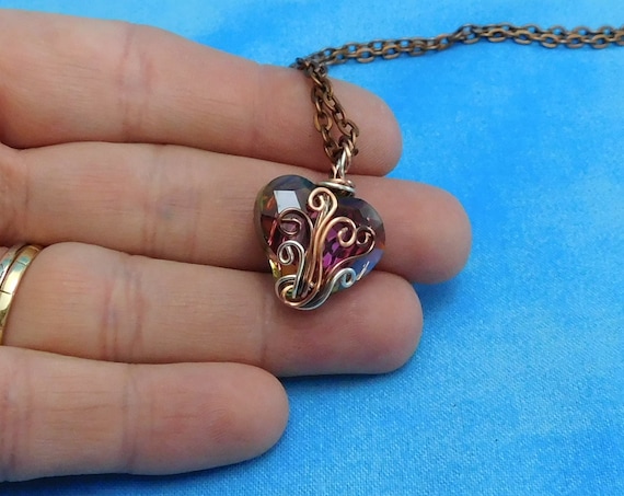 Copper Wire Wrapped Crystal Heart Necklace, Unique Artistic Handmade Pendant Wearable Art Jewelry Anniversary Present for Wife or Girlfriend