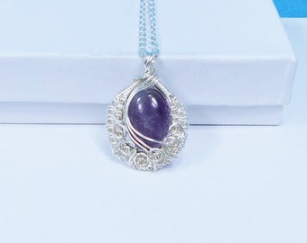 Woven Wire Wrapped Amethyst Pendant February Birthstone Necklace, Unique One of a Kind Wearable Art Jewelry Birthday Present for Wife