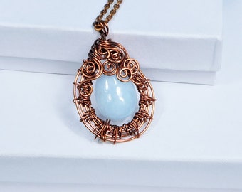 Wire Wrapped Aquamarine Pendant, March Birthstone Necklace, Unique Artisan Crafted Woven Copper and Gemstone Jewelry 7th Anniversary Gift