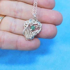 Artistic Emerald Heart Pendant Necklace, Sterling Silver Wire Wrapped Emerald Necklace, May Birthstone Gemstone Jewelry Gift for Wife