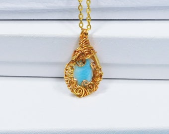 Woven Wire Wrapped Larimar Pendant Gemstone Necklace, Artisan Crafted Unique Wearable Art Jewelry Birthday or Anniversary Gift for Women