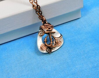 Rustic Anchor Necklace Copper Wire Wrapped Ocean Theme Pendant, Sea Life Navy Mom Present Anniversary Gift, Nautical Jewelry Gift for Mom