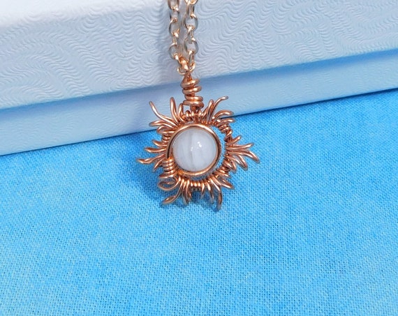 Flower Moonstone Necklace, Artistic Flower Jewelry, Simple Sculpted Wire Wearable Art Pendant, One of a Kind Artistic Copper Wire Jewelry