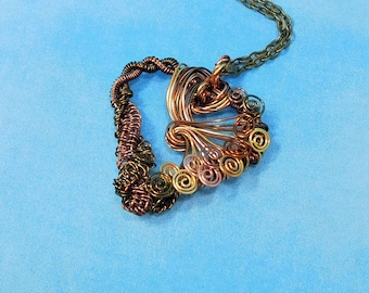 Rustic Copper Heart Necklace, Unique Woven Wire Wrapped Copper Heart Pendant, Handcrafted Wearable Art Jewelry 7th Anniversary Gift for Wife