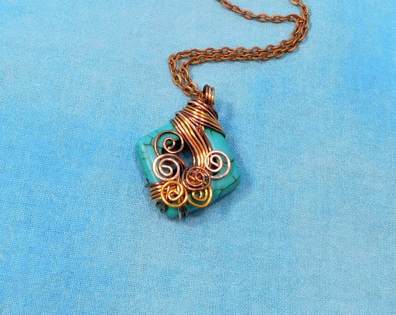 Gemstone Necklace, Artisan Crafted Unique Copper Wire Wrapped Turquoise Howlite Pendant, Handmade Jewelry Birthday Present for Ladies