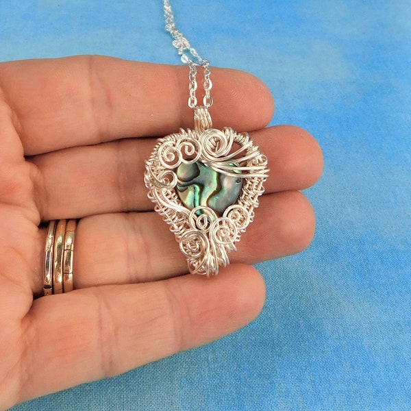Artistic Abalone Heart Pendant, Unique Woven Wire Wrapped Romantic Necklace, Abalone Heart Necklace Anniversary Gift for Wife or Girlfriend