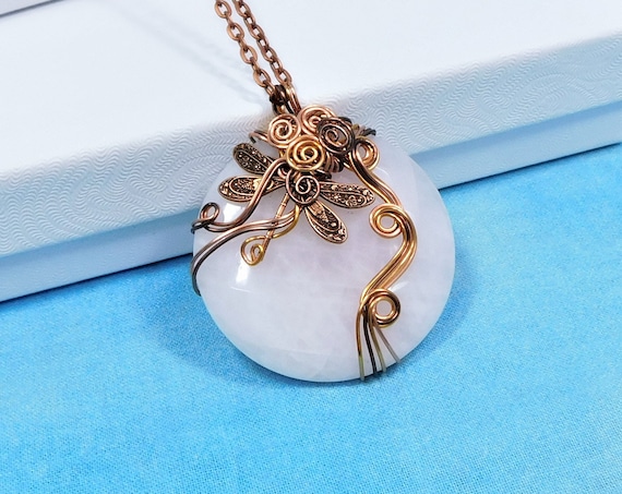 Large Wire Wrapped Rose Quartz Necklace, Gemstone Pendant for Sympathy Gift, Dragonfly Wearable Art Memorial Jewelry Bereavement Present