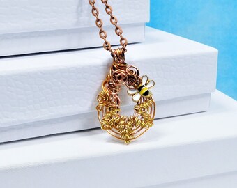 Artistic Bumblebee Necklace, Honeybee Pendant for Wife or Girlfriend, Handmade Wearable Art Bee Theme Jewelry Present for Beekeeper Gift
