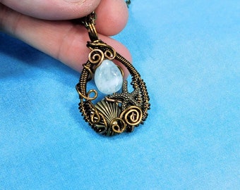Wire Wrapped Aquamarine Seashell and Starfish Pendant March Birthstone Necklace, Artisan Crafted Gemstone  and Ocean Theme Jewelry Gift