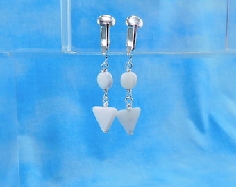 Mother of Pearl Non Pierced Geometric Earrings, Artisan Crafted Clip on Dangles, Unique Jewelry Birthday or Anniversary Gift for Wife