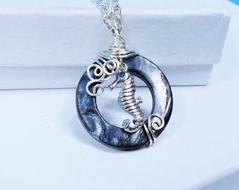 Seahorse Necklace Gifts for Mom from daughter, Unique Artisan Crafted Wire Wrapped Shell Pendant Artistic Handmade Anniversary Gift for Wife