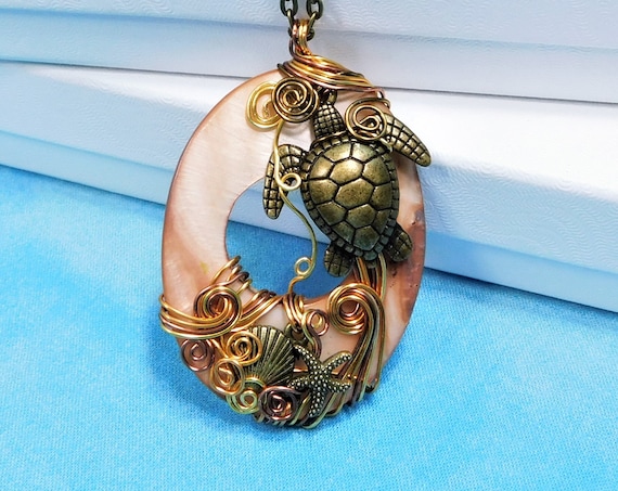 Handcrafted Sea Turtle Necklace, Large Wire Wrapped Wearable Art Pendant, Animal Lover Ocean Beach Theme Jewelry Birthday Present for Women