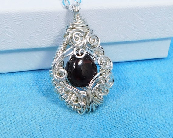 Wire Wrapped Garnet Pendant January Birthstone Necklace, Artisan Crafted Unique Handmade Wearable Art Gemstone Jewelry for January Birthday