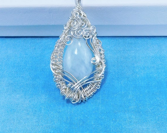 Wire Wrapped Aquamarine Pendant March Birthstone Necklace Birthday Present for Mom, Artistic Gemstone Jewelry Anniversary Gift for Wife