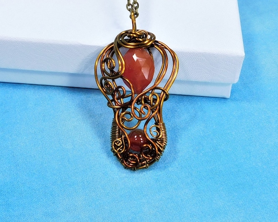 Wire Wrapped Carnelian Necklace Gemstone Jewelry, Artisan Crafted Wearable Art Pendant Anniversary Gift for Wife or Birthday Present for Mom
