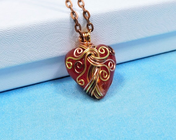 Artistic Wire Wrapped Red Heart Necklace, Red Heart Pendant Romantic Birthday Present or 7th Anniversary Gift for Wife or Girlfriend