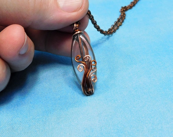 Wire Wrapped Rustic Copper Jewelry, Artistic Handcrafted Wrapped Glass Pendant, One of a Kind Wearable Art Necklace Unique Gift for Women