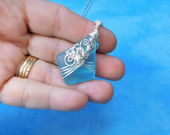 Large Blue Sea Glass Mermaid Necklace, Unique Wire Wrapped Artistic Ocean Pendant Beach Theme Jewelry Present for Wife or Daughter