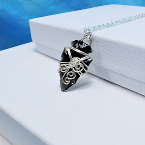 Black Obsidian Arrowhead Necklace for Men or Women, Wire Wrapped Obsidian Pendant, Artistic Jewelry Present for Husband, Wife or Girlfriend
