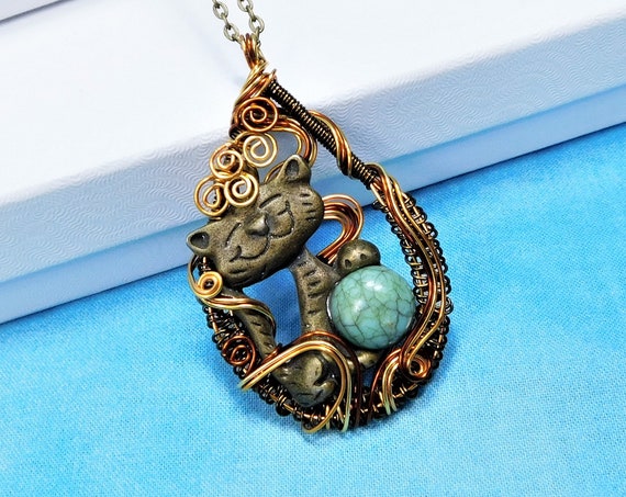 Artisan Crafted Cat Necklace Pet Lover Gift, Artistic Unique Wire Wrapped Kitty Pendant, Handmade Wearable Art Jewelry Present for Women