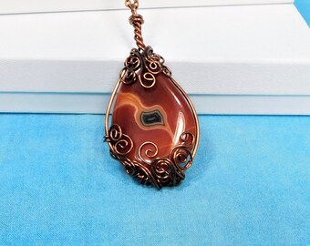 Hand Sculpted Copper Wire and Agate Pendant, Artistic Wire Wrapped Gemstone Necklace, Rustic Bohemian Jewelry Handmade Gift for Wife or Mom