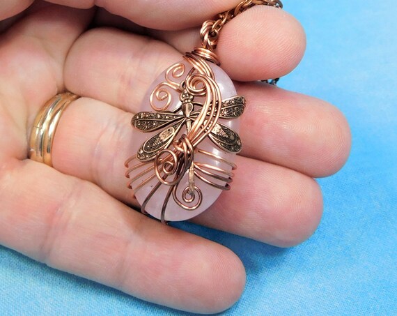 Wire Wrapped Rose Quartz Necklace, Gemstone Pendant for Sympathy Gift, Artistic Dragonfly Wearable Art Memorial Jewelry Bereavement Present