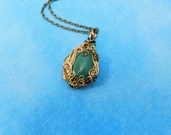 Collar con colgante de jade verde, joyería de piedras preciosas envuelta en alambre de cobre, collar tejido artesanal, regalo de aniversario para ella.