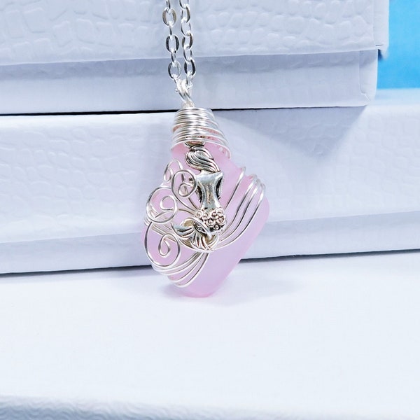 Artisan Crafted Pink Sea Glass Mermaid Necklace, Unique Wire Wrapped Wearable Art, Artistic Ocean Pendant Beach Theme Jewelry Present