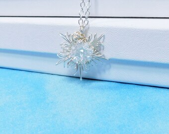 May include: A silver-toned wire-wrapped pendant necklace featuring a central clear, faceted crystal bead surrounded by radiating, spiky metallic wire elements. The pendant hangs from a simple silver-toned chain link necklace.