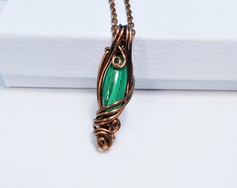 Unique Wire Wrapped Malachite Necklace, Artistic Gemstone Jewelry, Unisex Stone Malachite Pendant Birthday Present Ideas for Women or Men