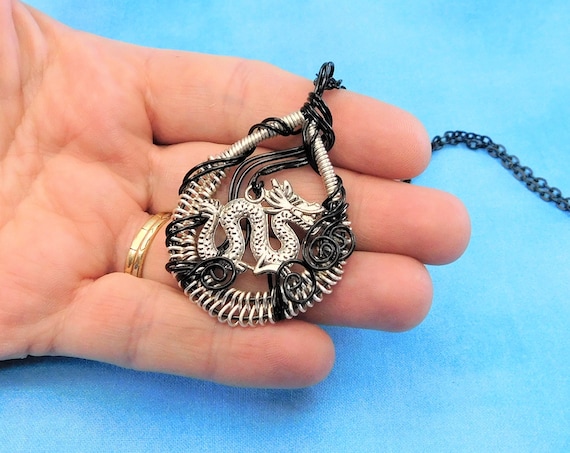 Artistic Dragon Necklace, Unique Woven Wire Wrapped Pendant, Handmade Wearable Art Jewelry, Birthday Present or Anniversary Gift for Wife